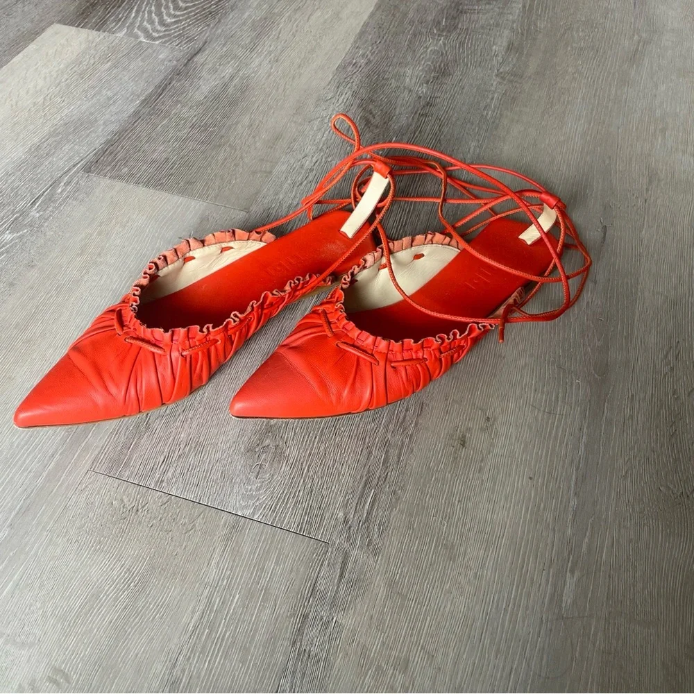 Tibi Sergei Flats Orange Red Lace Up Pointed Flat in Ruby - Picture 1 of 9